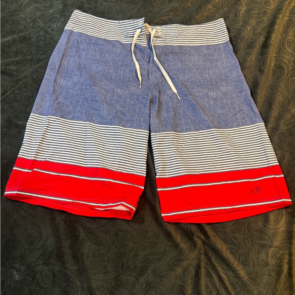 Men's Blue and Red Striped Swim Shorts